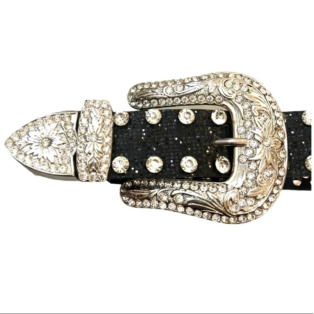 Black Leather & Rhinestone Belt - BLING - Picture 12 of 12
